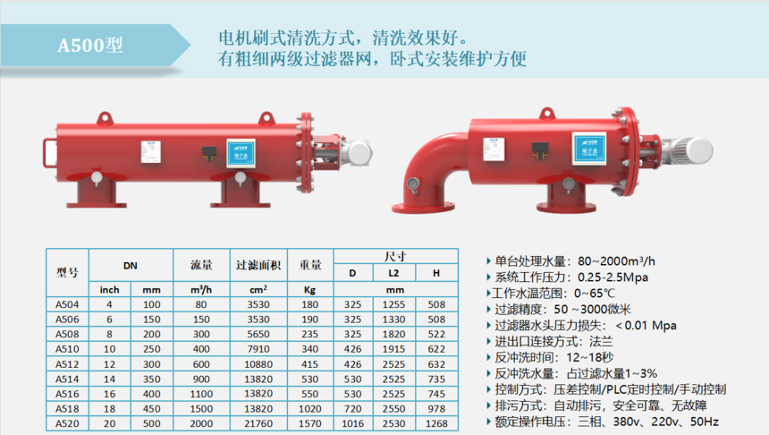 A500電動(dòng)刷式自清洗過濾器過濾精度